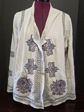 Christopher Banks Women's Petite Lg Open Front Cardigan Embroidered Boho Artsy
